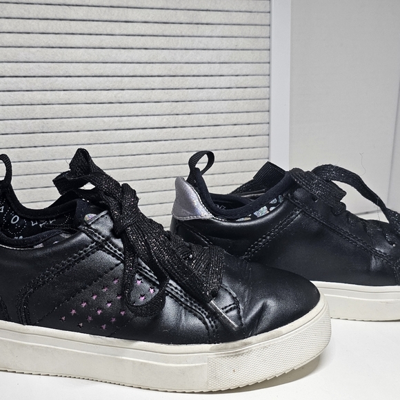 Kids Black Sneakers/Shoes w. Multi-Colored Metallic Stars Leopard Print & Laces - Picture 4 of 16